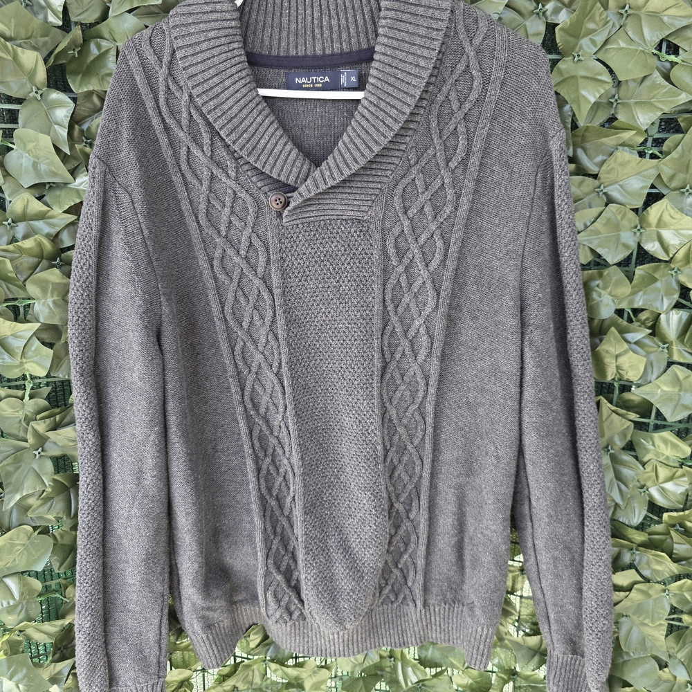 Nautica Men's Gray Cable-Knit Shawl Collar Sweater